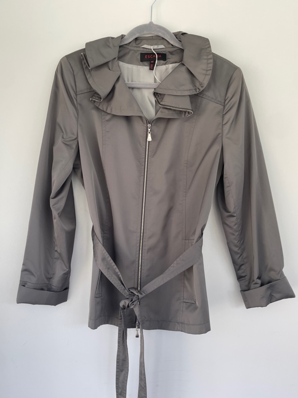 Escada Taupe Ruffle-Collar Trench Jacket